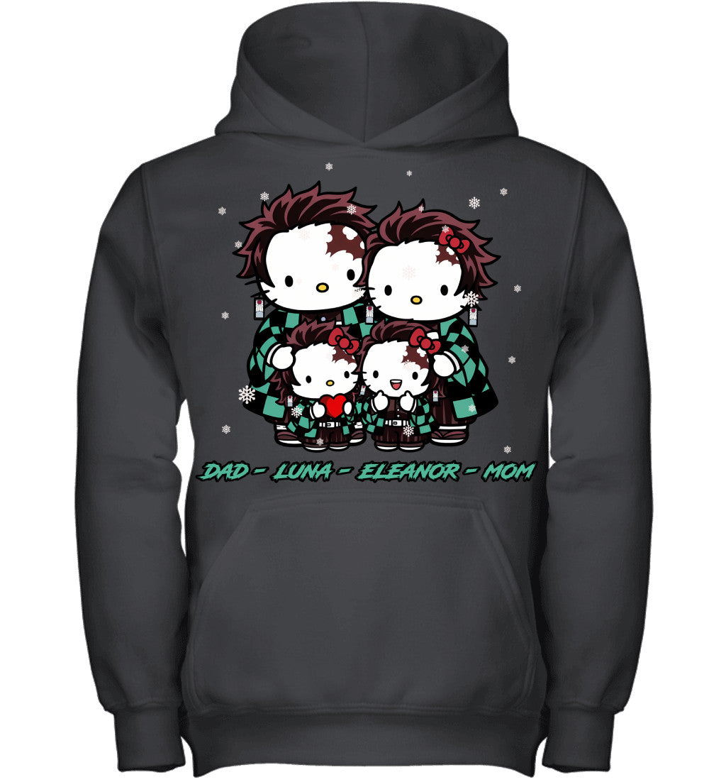 Hello Kitty x Kamado Tanjiro Parents & Daughters Custom Name Christmas T-Shirt for Family