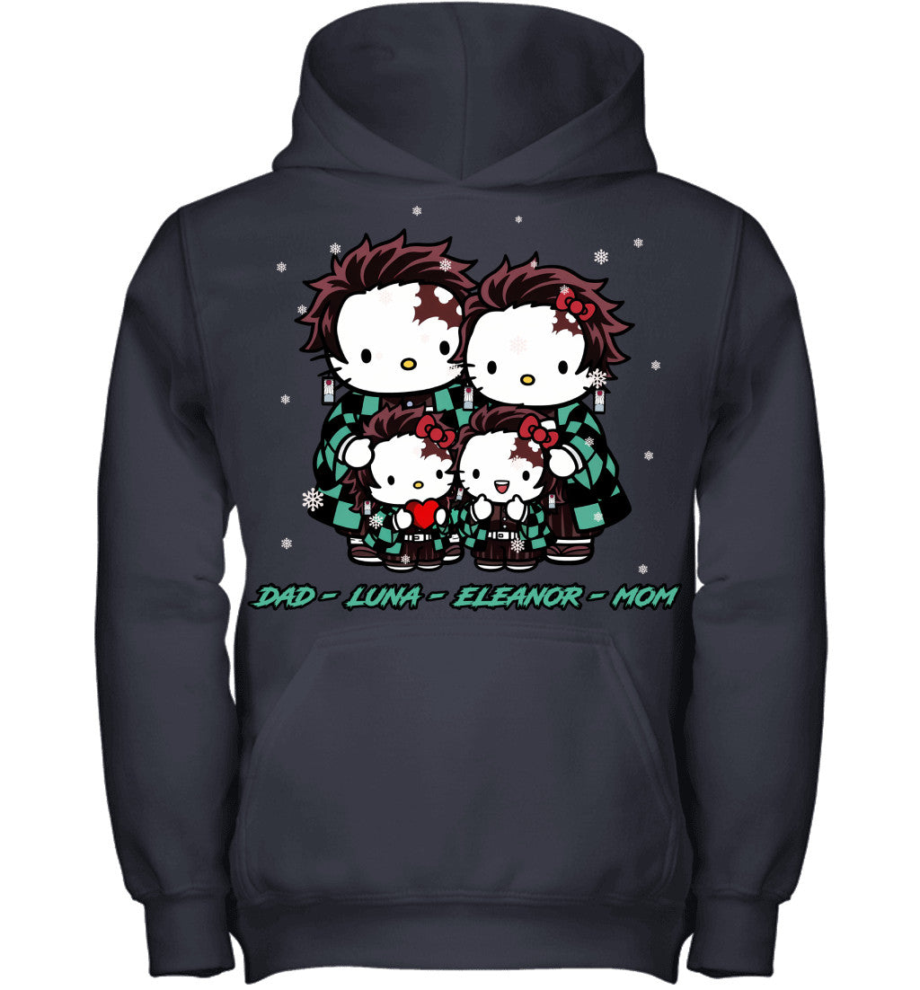 Hello Kitty x Kamado Tanjiro Parents & Daughters Custom Name Christmas T-Shirt for Family