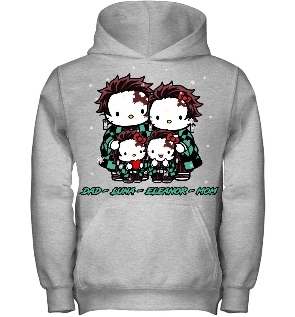 Hello Kitty x Kamado Tanjiro Parents & Daughters Custom Name Christmas T-Shirt for Family