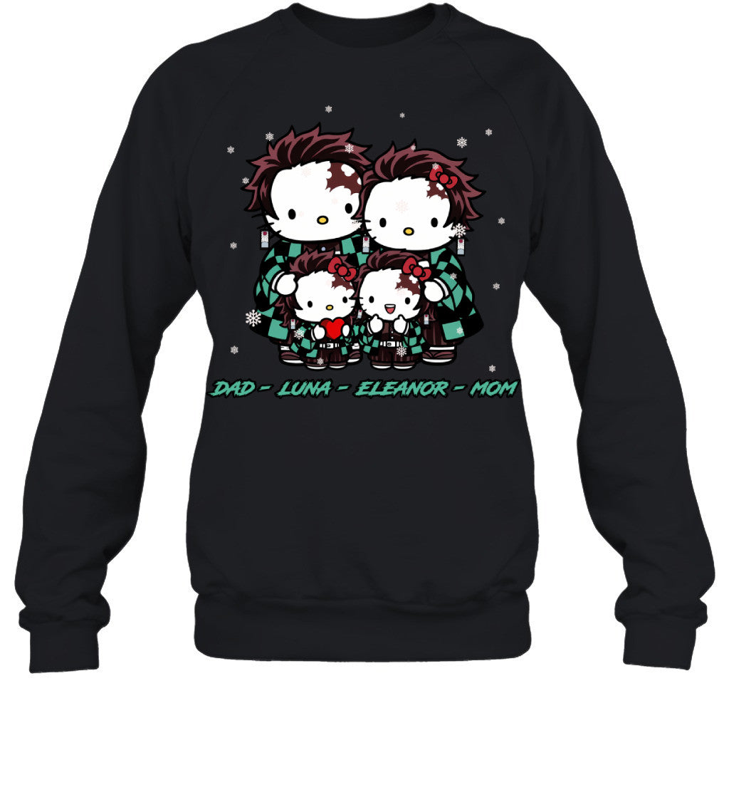 Hello Kitty x Kamado Tanjiro Parents & Daughters Custom Name Christmas T-Shirt for Family