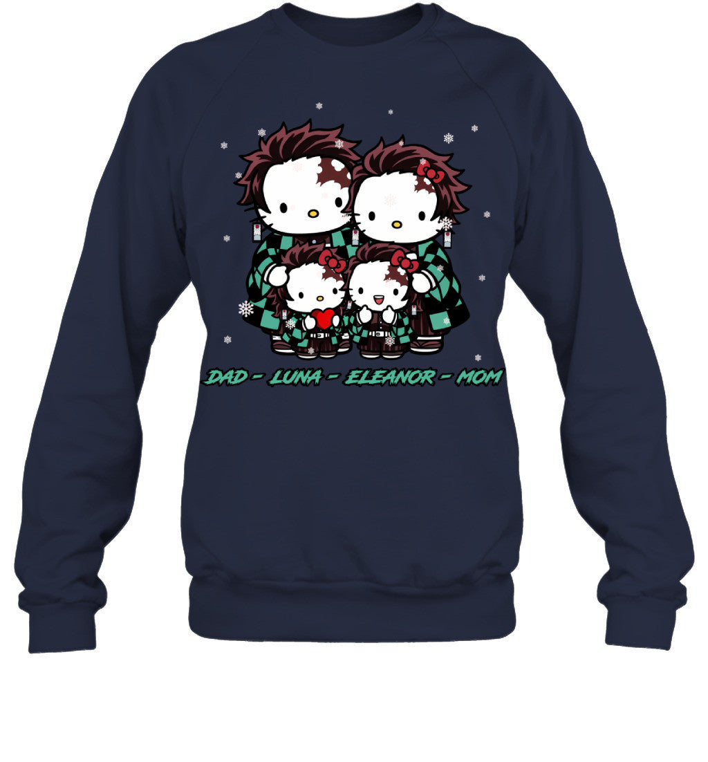Hello Kitty x Kamado Tanjiro Parents & Daughters Custom Name Christmas T-Shirt for Family