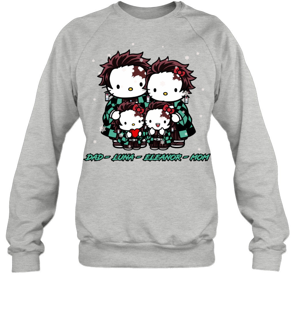 Hello Kitty x Kamado Tanjiro Parents & Daughters Custom Name Christmas T-Shirt for Family