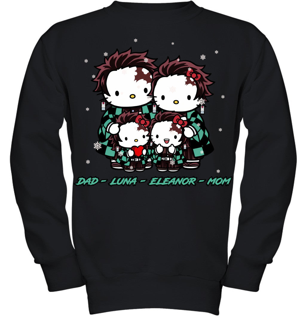 Hello Kitty x Kamado Tanjiro Parents & Daughters Custom Name Christmas T-Shirt for Family