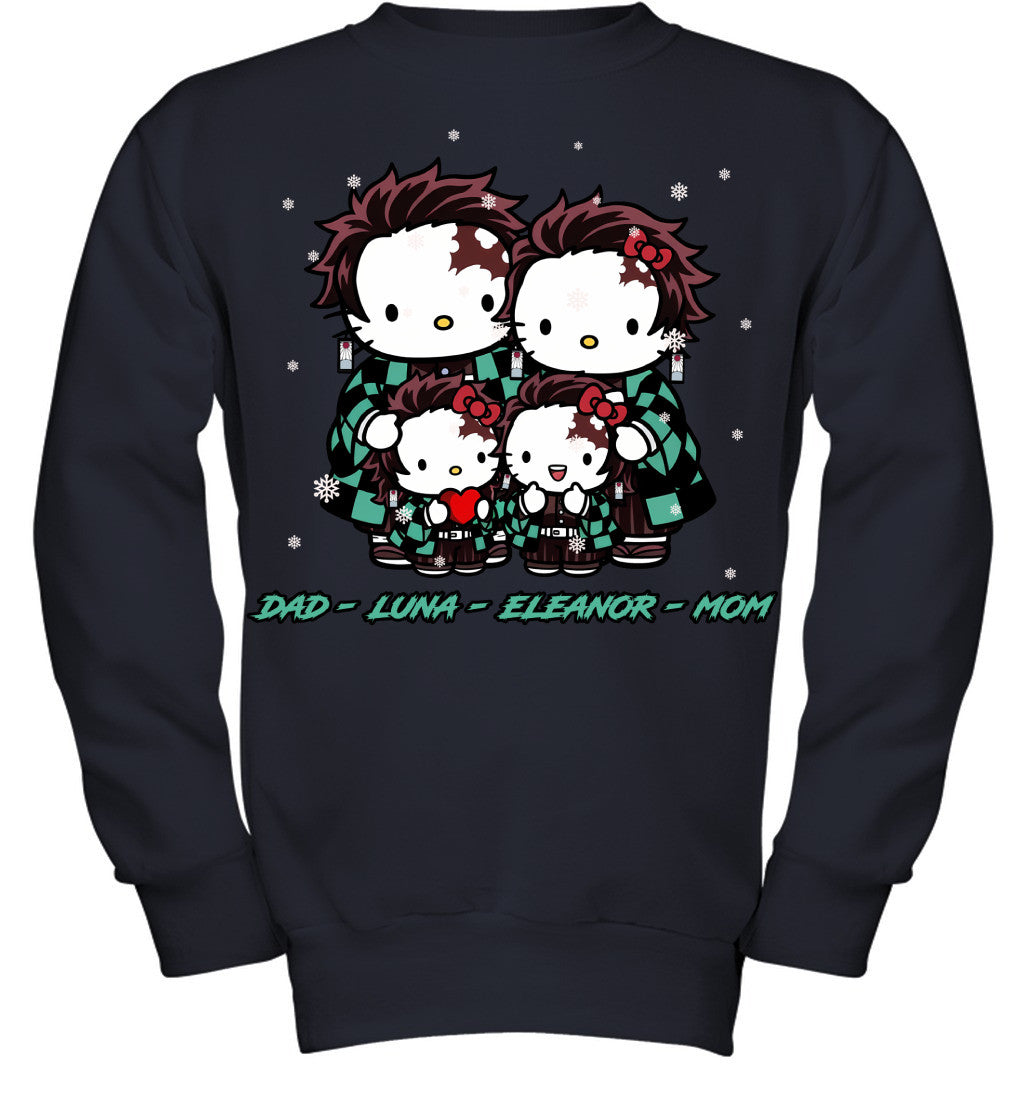 Hello Kitty x Kamado Tanjiro Parents & Daughters Custom Name Christmas T-Shirt for Family
