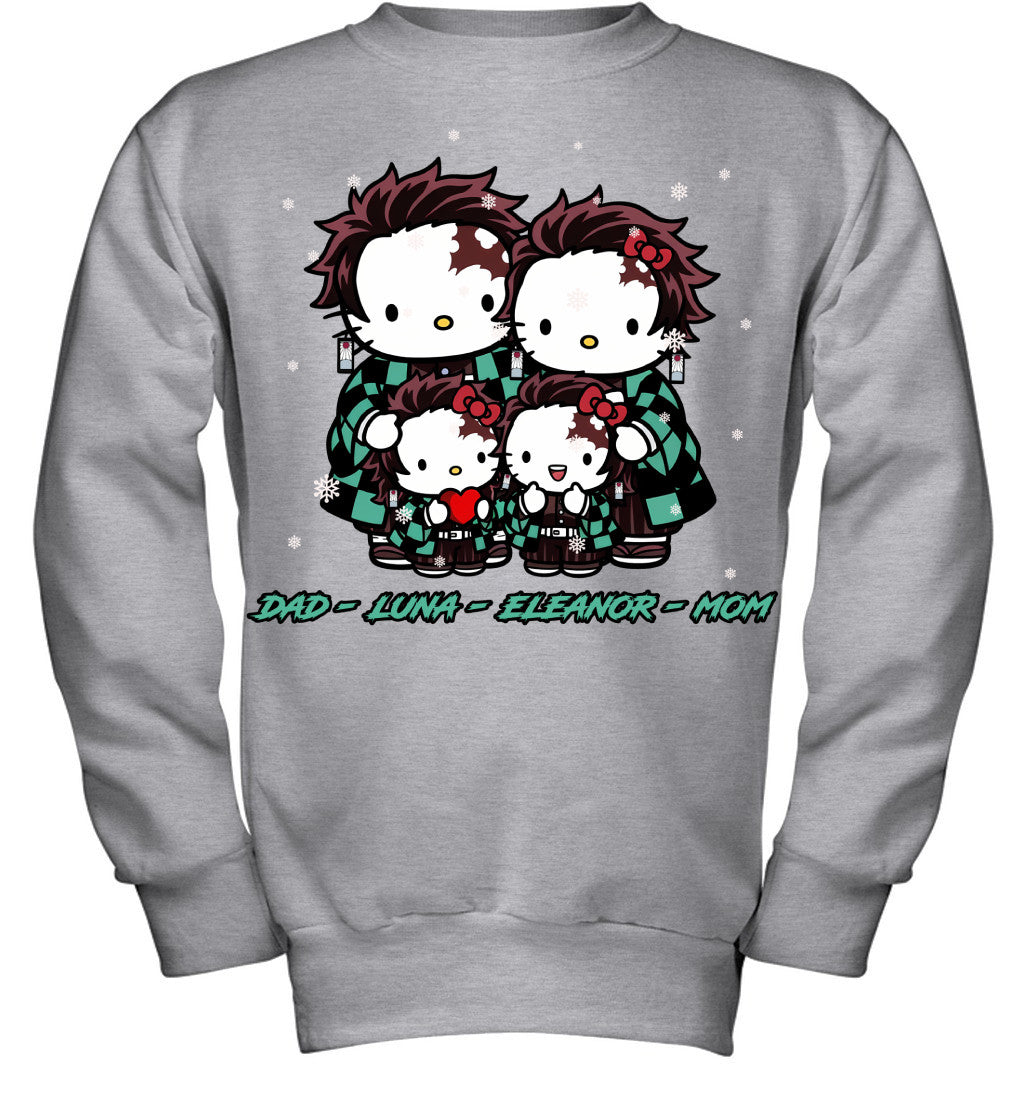 Hello Kitty x Kamado Tanjiro Parents & Daughters Custom Name Christmas T-Shirt for Family