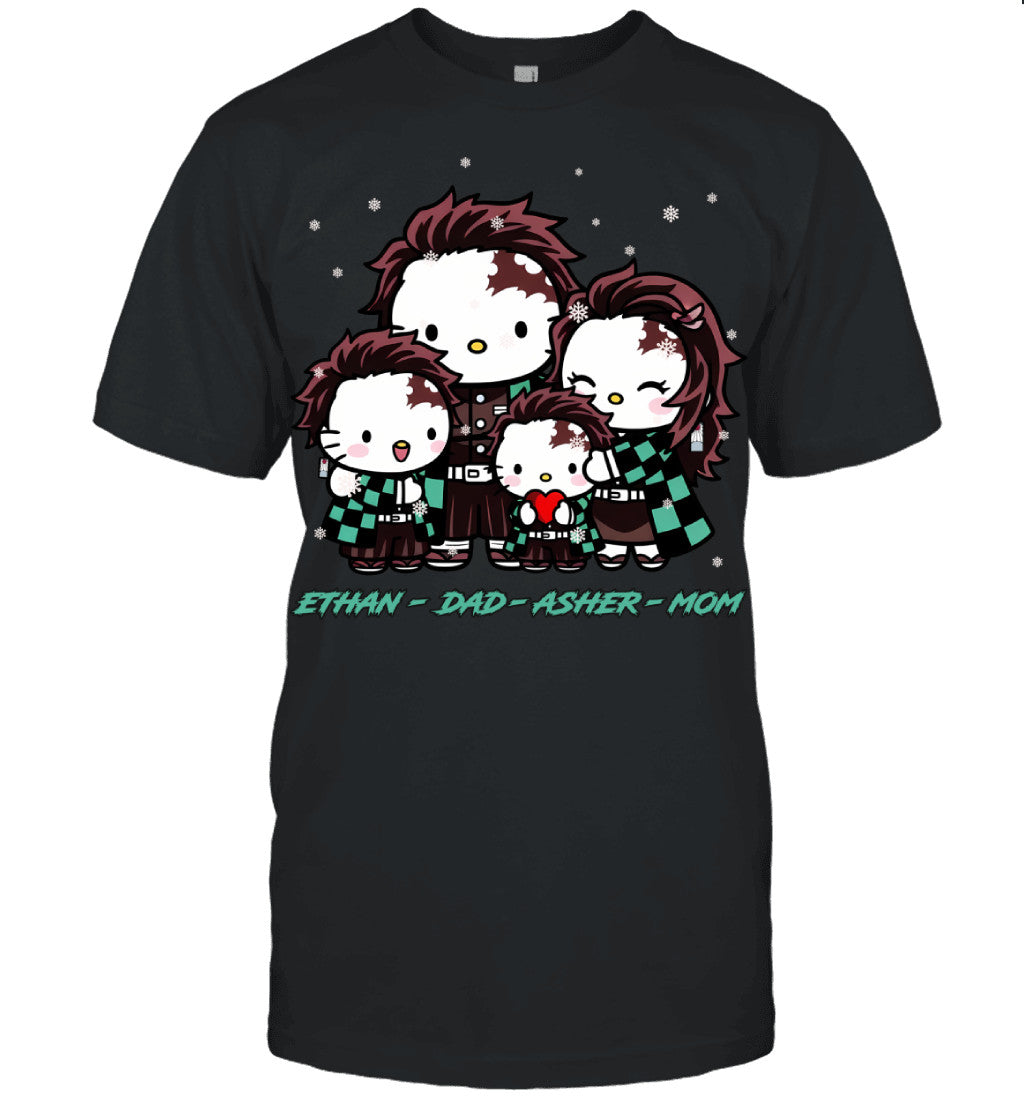 Hello Kitty x Kamado Tanjiro Parents & Sons Custom Name Christmas T-Shirt for Family