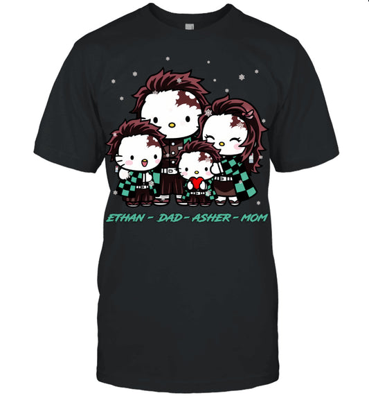 Hello Kitty x Kamado Tanjiro Parents & Sons Custom Name Christmas T-Shirt for Family