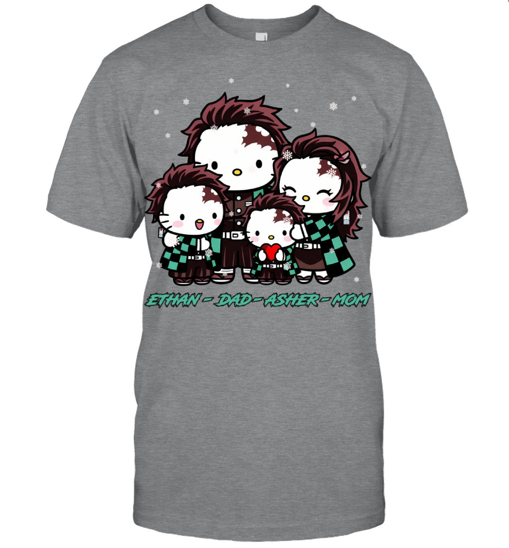 Hello Kitty x Kamado Tanjiro Parents & Sons Custom Name Christmas T-Shirt for Family