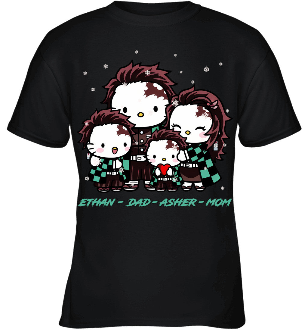 Hello Kitty x Kamado Tanjiro Parents & Sons Custom Name Christmas T-Shirt for Family