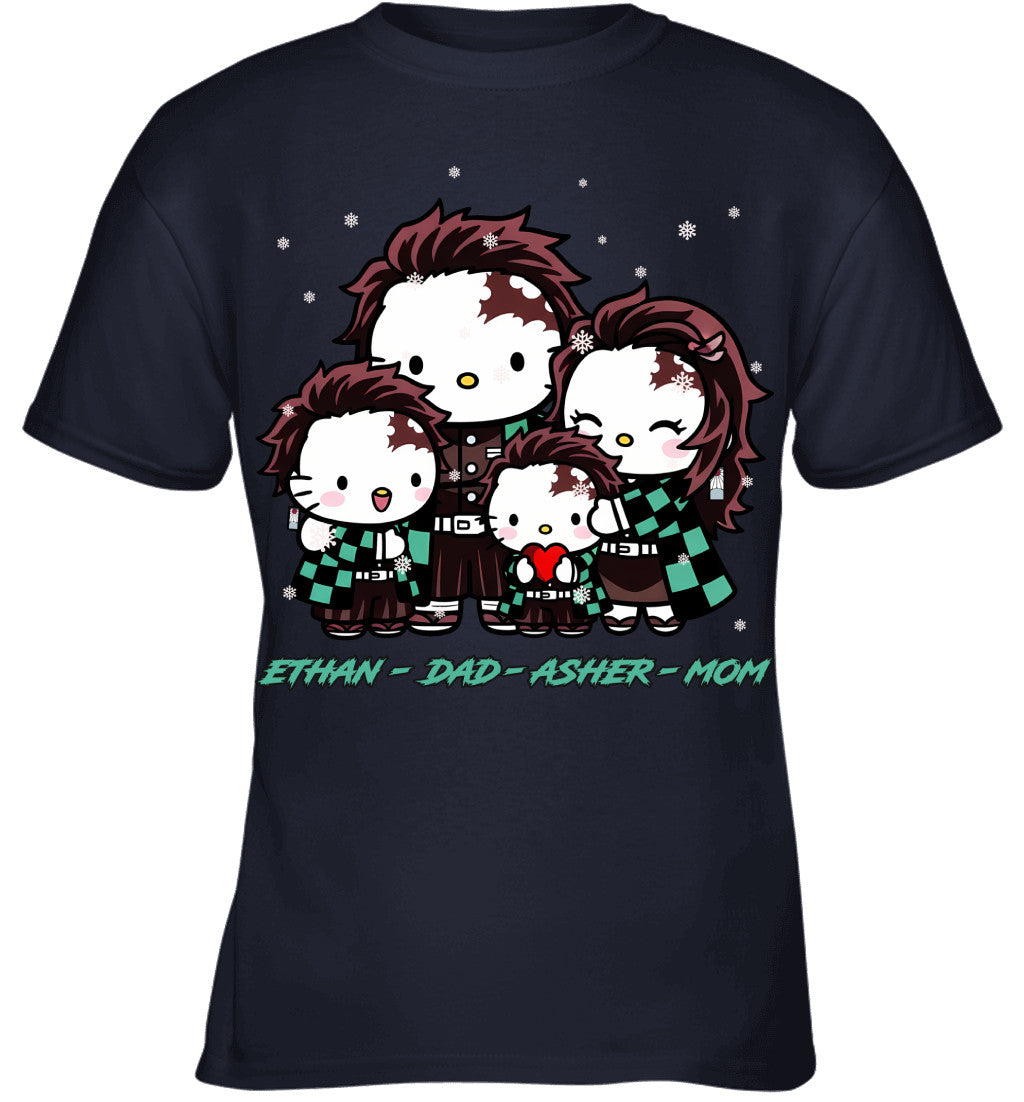 Hello Kitty x Kamado Tanjiro Parents & Sons Custom Name Christmas T-Shirt for Family