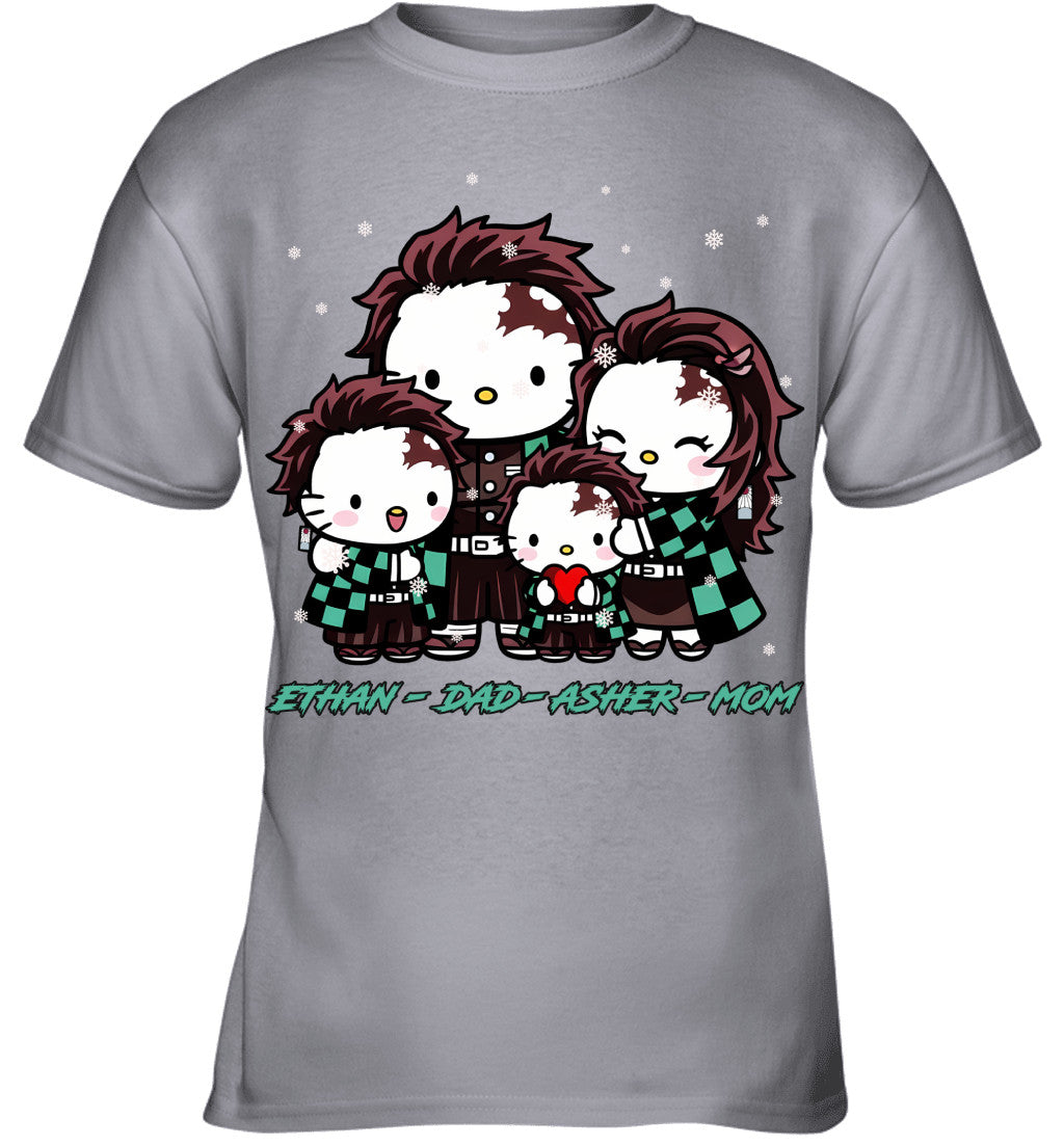 Hello Kitty x Kamado Tanjiro Parents & Sons Custom Name Christmas T-Shirt for Family
