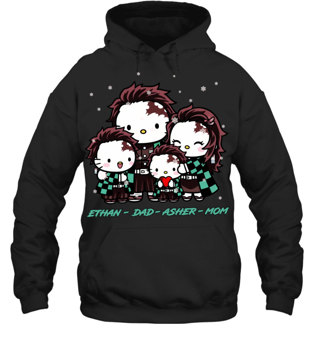 Hello Kitty x Kamado Tanjiro Parents & Sons Custom Name Christmas T-Shirt for Family