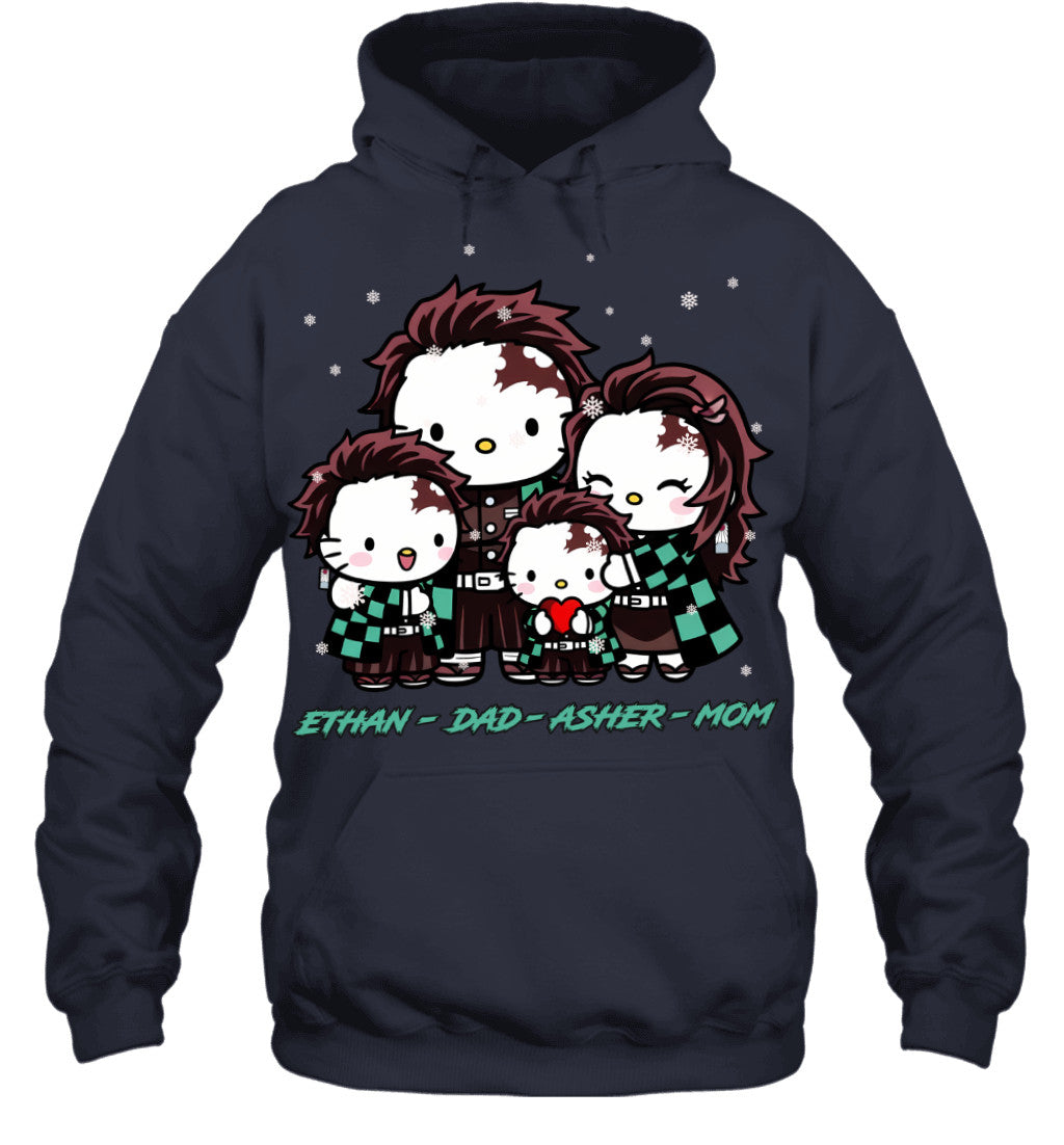 Hello Kitty x Kamado Tanjiro Parents & Sons Custom Name Christmas T-Shirt for Family