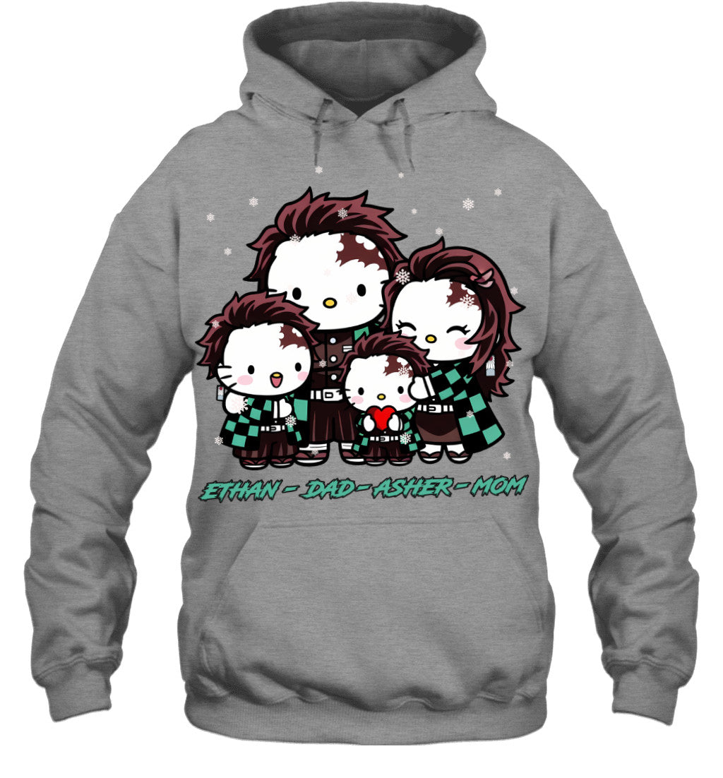 Hello Kitty x Kamado Tanjiro Parents & Sons Custom Name Christmas T-Shirt for Family