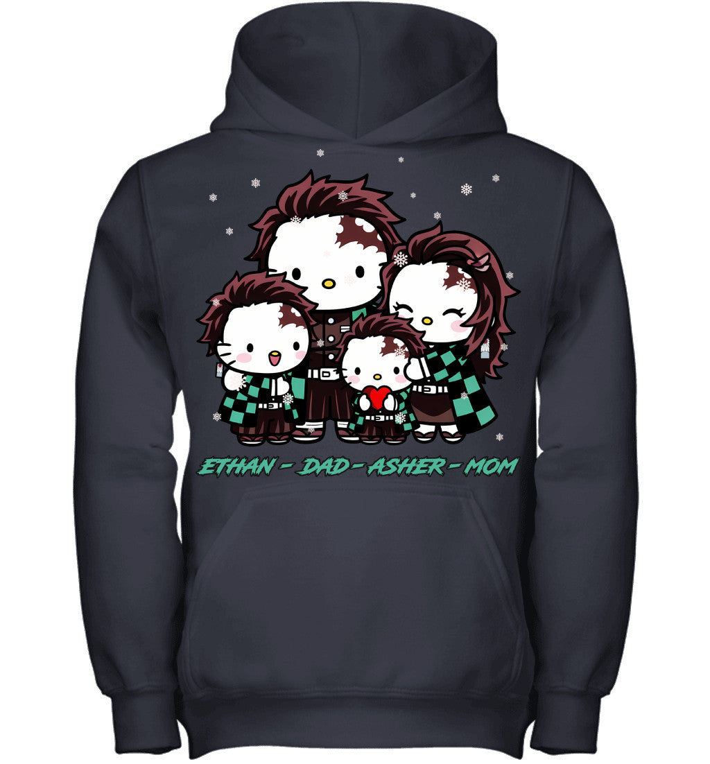 Hello Kitty x Kamado Tanjiro Parents & Sons Custom Name Christmas T-Shirt for Family