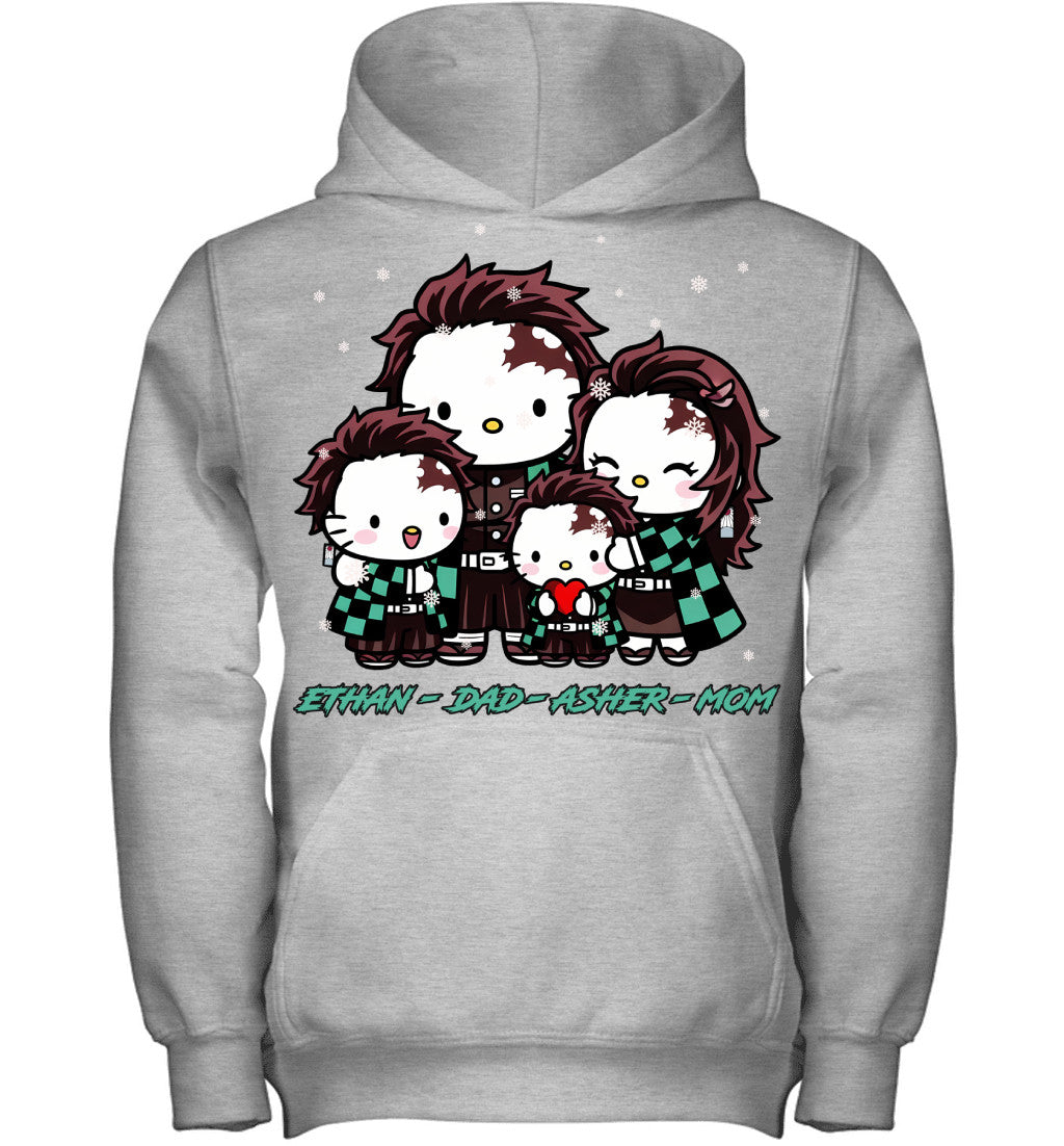 Hello Kitty x Kamado Tanjiro Parents & Sons Custom Name Christmas T-Shirt for Family