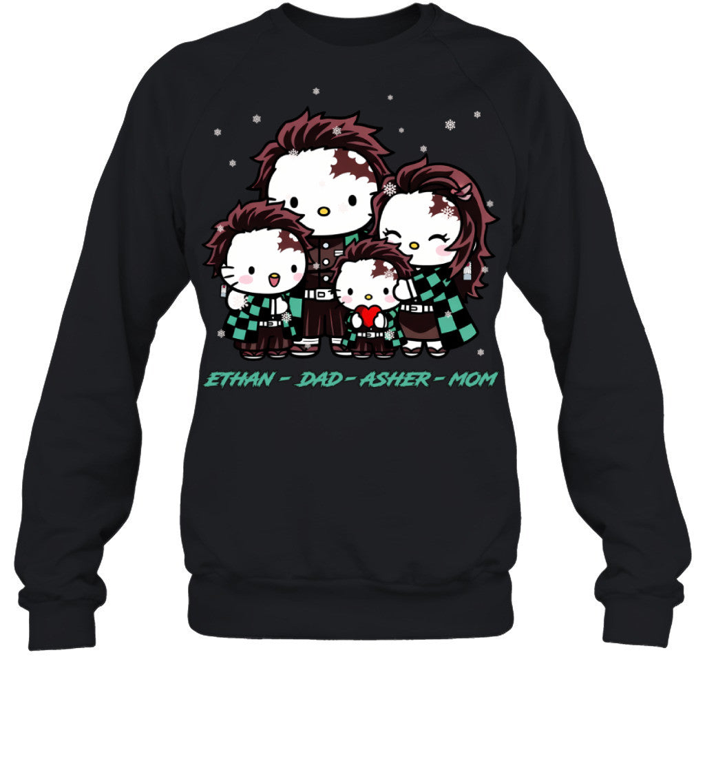 Hello Kitty x Kamado Tanjiro Parents & Sons Custom Name Christmas T-Shirt for Family