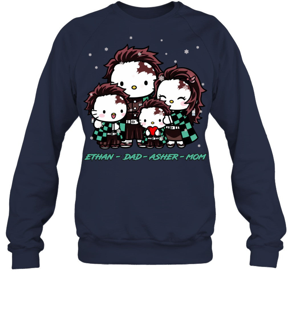 Hello Kitty x Kamado Tanjiro Parents & Sons Custom Name Christmas T-Shirt for Family