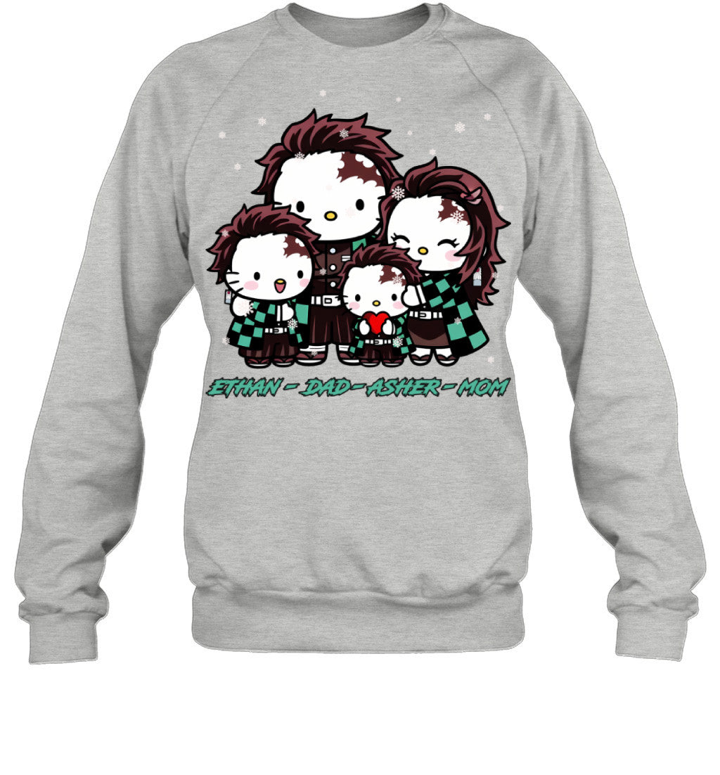 Hello Kitty x Kamado Tanjiro Parents & Sons Custom Name Christmas T-Shirt for Family