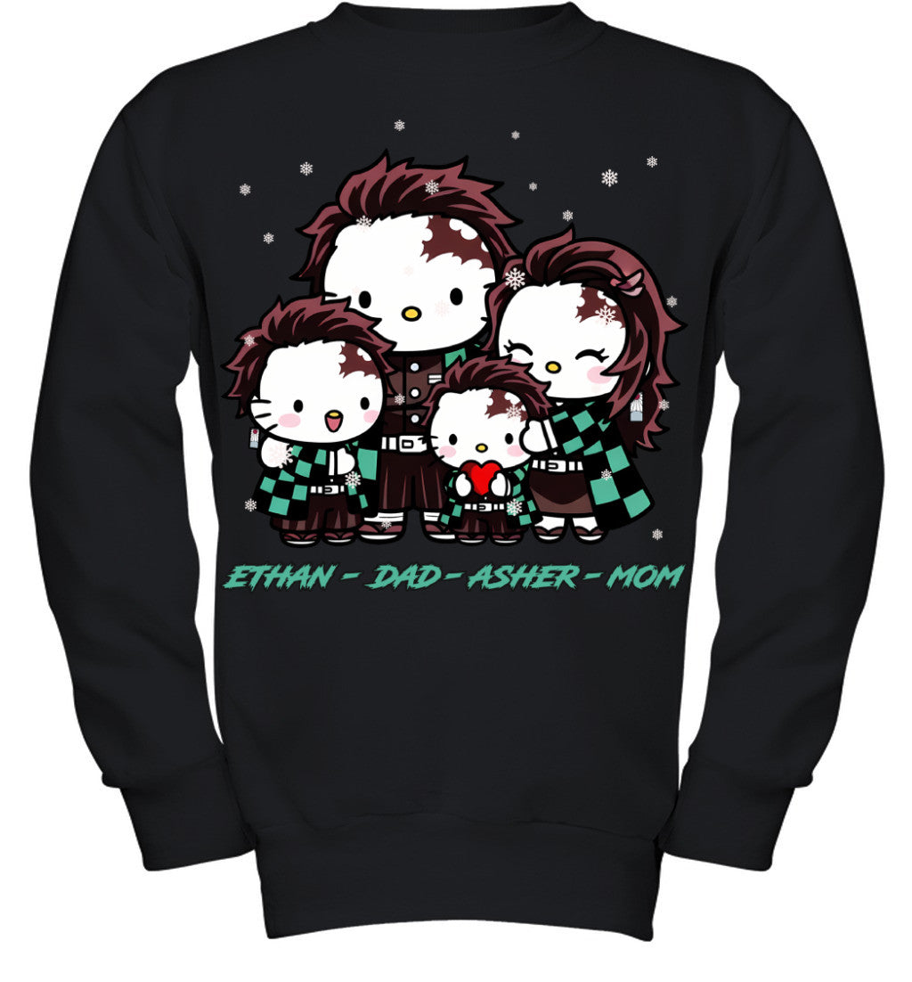 Hello Kitty x Kamado Tanjiro Parents & Sons Custom Name Christmas T-Shirt for Family