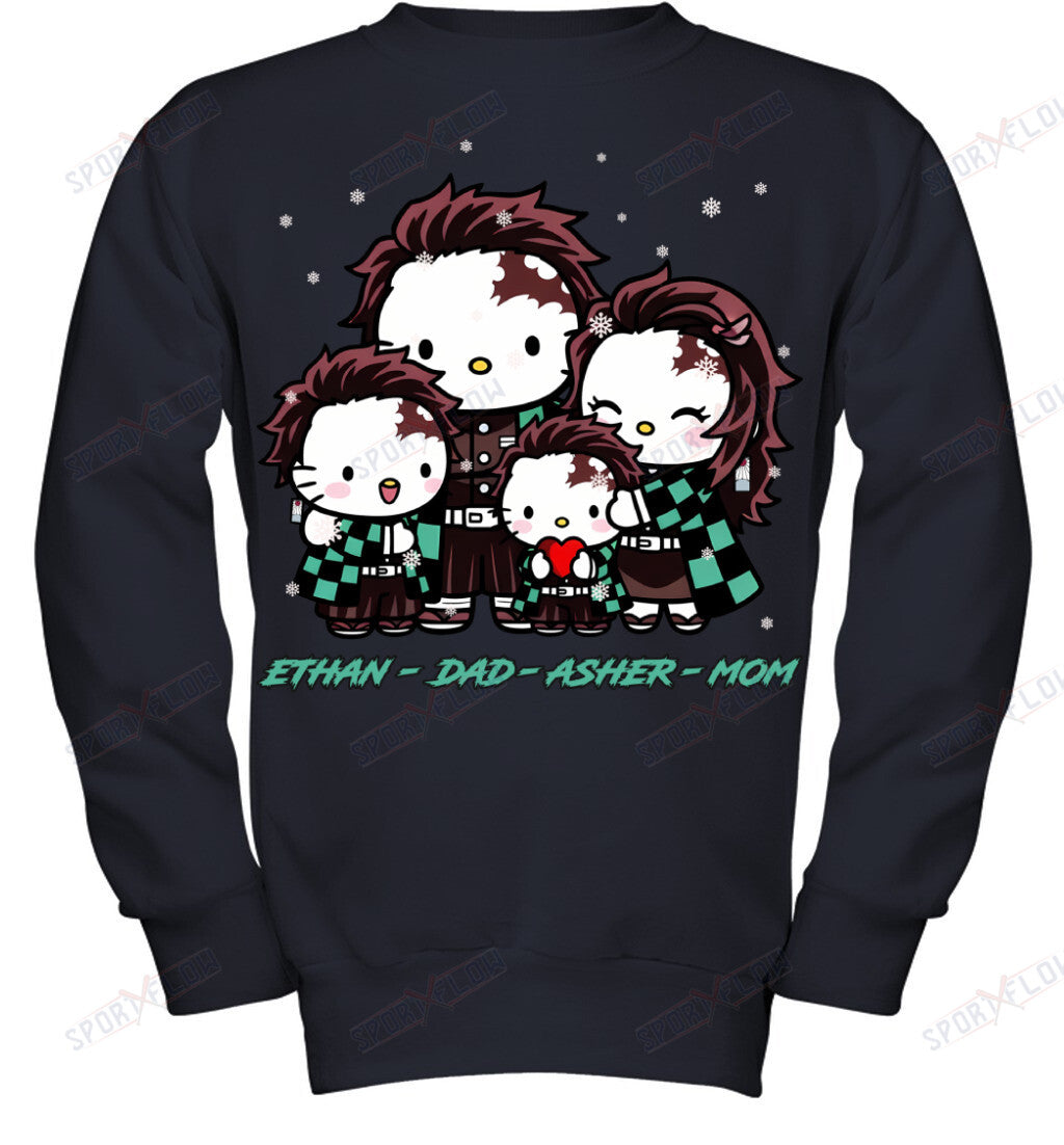 Hello Kitty x Kamado Tanjiro Parents & Sons Custom Name Christmas T-Shirt for Family