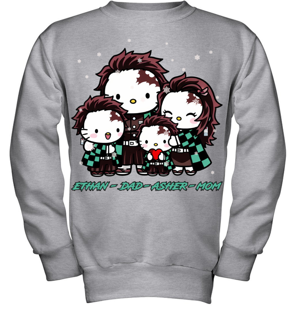 Hello Kitty x Kamado Tanjiro Parents & Sons Custom Name Christmas T-Shirt for Family