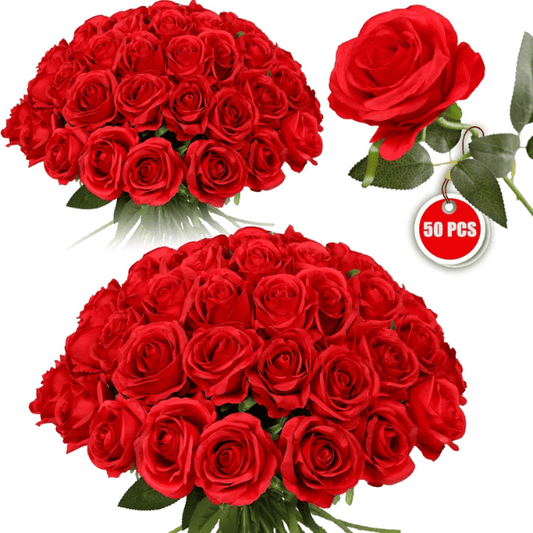 50PCS Artificial Silk Roses – Long Stem Red Fake Roses