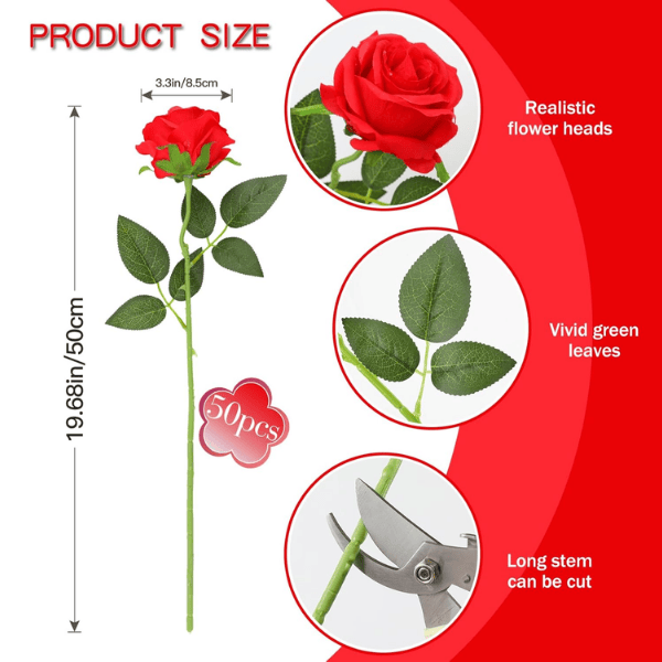 50PCS Artificial Silk Roses – Long Stem Red Fake Roses