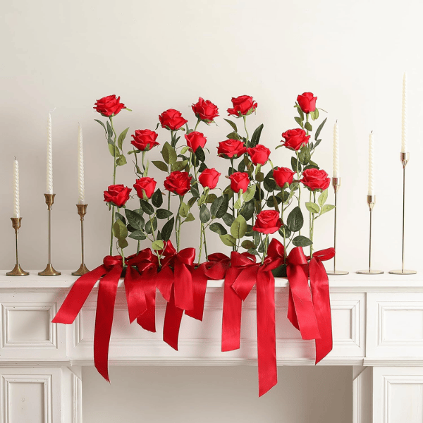 50PCS Artificial Silk Roses – Long Stem Red Fake Roses
