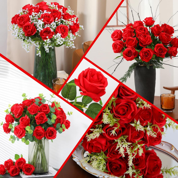 50PCS Artificial Silk Roses – Long Stem Red Fake Roses