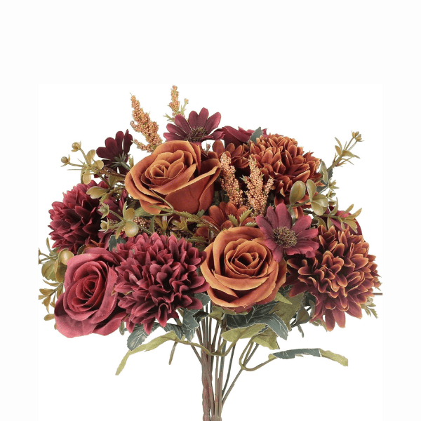 2 Bundles Artificial Fall Flowers – Orange & Red Silk Roses