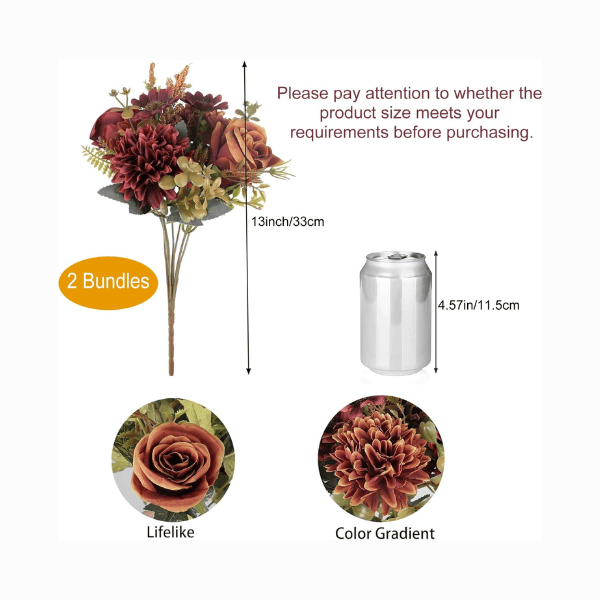 2 Bundles Artificial Fall Flowers – Orange & Red Silk Roses