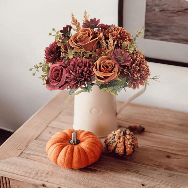 2 Bundles Artificial Fall Flowers – Orange & Red Silk Roses