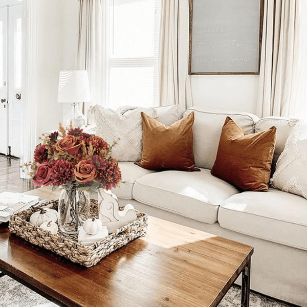 2 Bundles Artificial Fall Flowers – Orange & Red Silk Roses