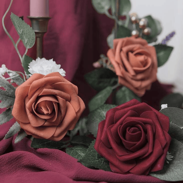 25pcs Artificial Burgundy Foam Roses with Stems