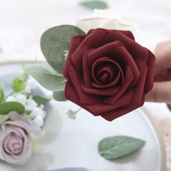 25pcs Artificial Burgundy Foam Roses with Stems