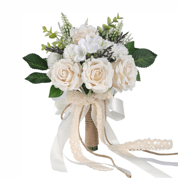 White & Champagne Artificial Roses Bridal Bouquet – Handmade Silk Wedding Flowers