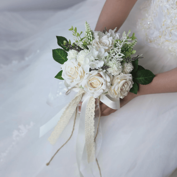 White & Champagne Artificial Roses Bridal Bouquet – Handmade Silk Wedding Flowers