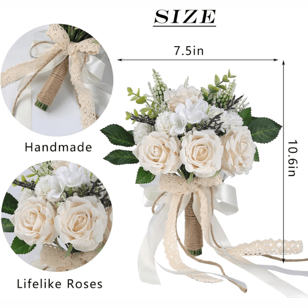 White & Champagne Artificial Roses Bridal Bouquet – Handmade Silk Wedding Flowers