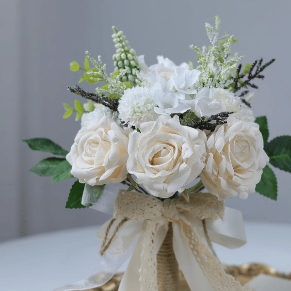 White & Champagne Artificial Roses Bridal Bouquet – Handmade Silk Wedding Flowers