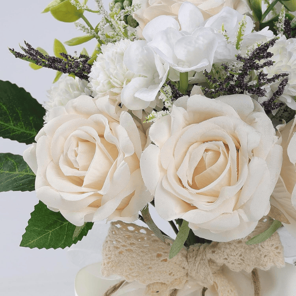 White & Champagne Artificial Roses Bridal Bouquet – Handmade Silk Wedding Flowers