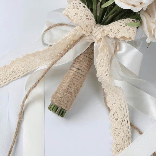 White & Champagne Artificial Roses Bridal Bouquet – Handmade Silk Wedding Flowers