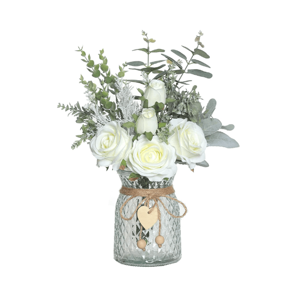 White Artificial Silk Roses & Eucalyptus Arrangement