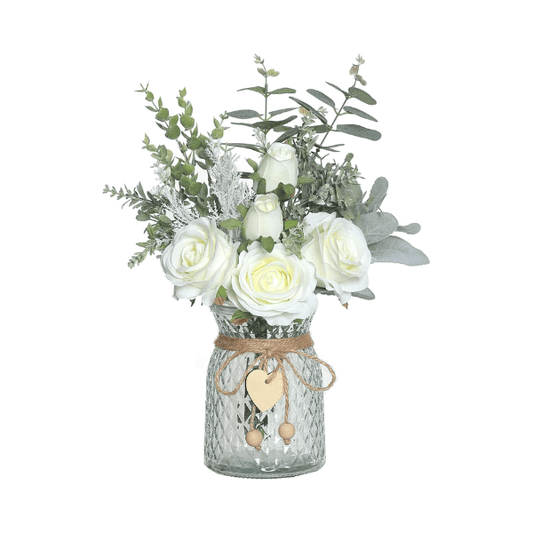 White Artificial Silk Roses & Eucalyptus Arrangement
