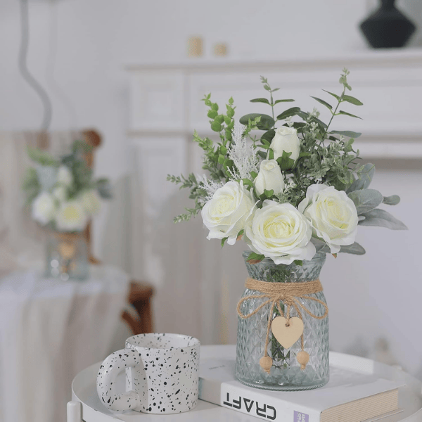 White Artificial Silk Roses & Eucalyptus Arrangement