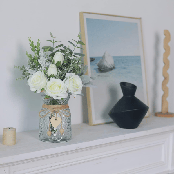 White Artificial Silk Roses & Eucalyptus Arrangement