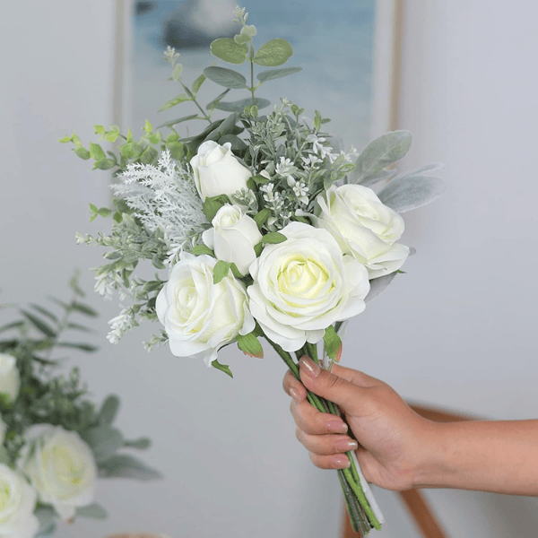 White Artificial Silk Roses & Eucalyptus Arrangement