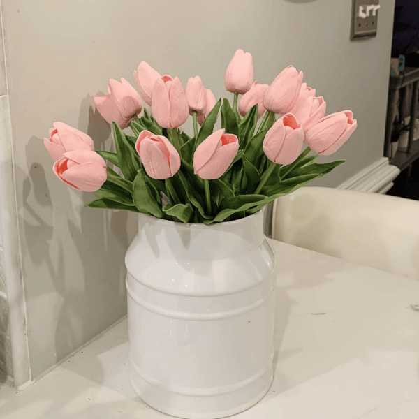 Pink Tulips Artificial Flowers 18Pcs Faux Tulip Real Touch PU Bouquet
