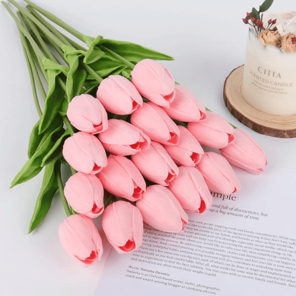Pink Tulips Artificial Flowers 18Pcs Faux Tulip Real Touch PU Bouquet