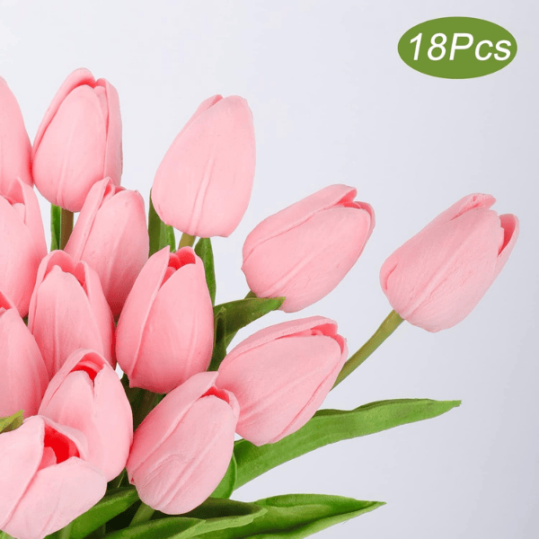 Pink Tulips Artificial Flowers 18Pcs Faux Tulip Real Touch PU Bouquet